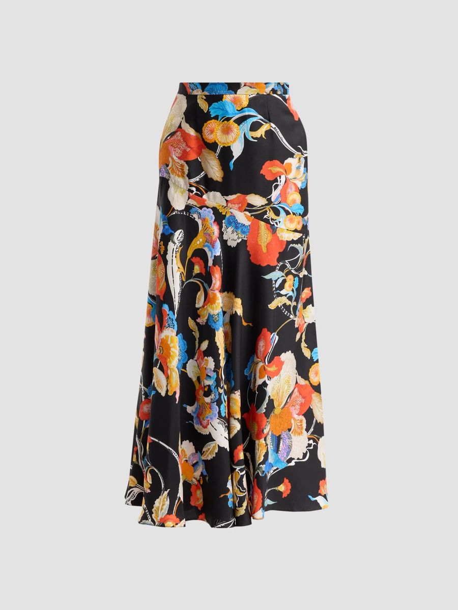 Adam Lippes Women's Tess Floral Silk Twill Midi Skirt - Black Floral - Size 10