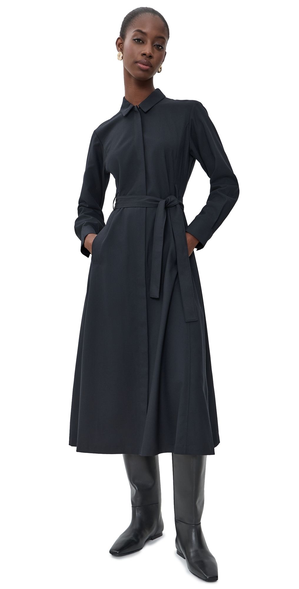 Theory Long Sleeve Belted Shirtdress Black M