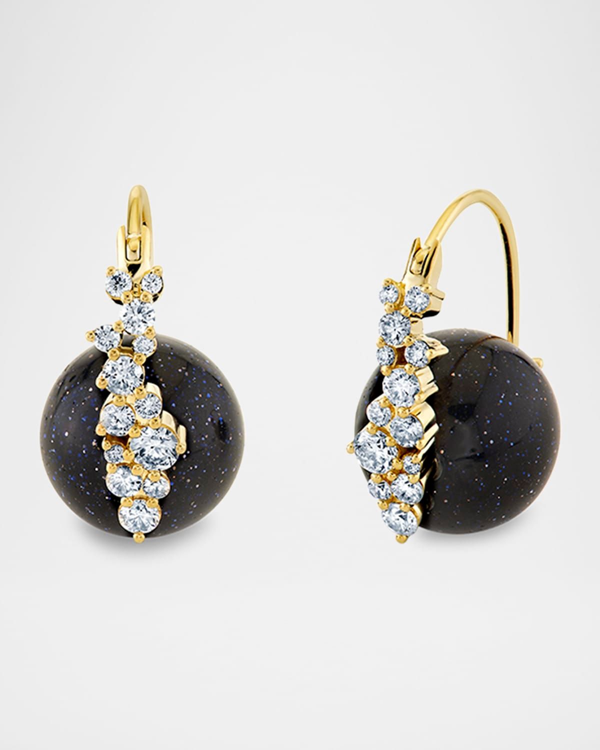 14K Diamond and Blue Goldstone Bead Earrings