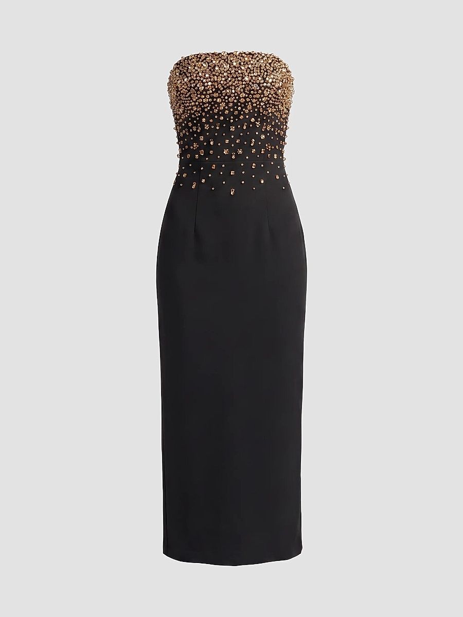 Women's Embellished Crêpe Strapless Midi Dress - Black - Size 2