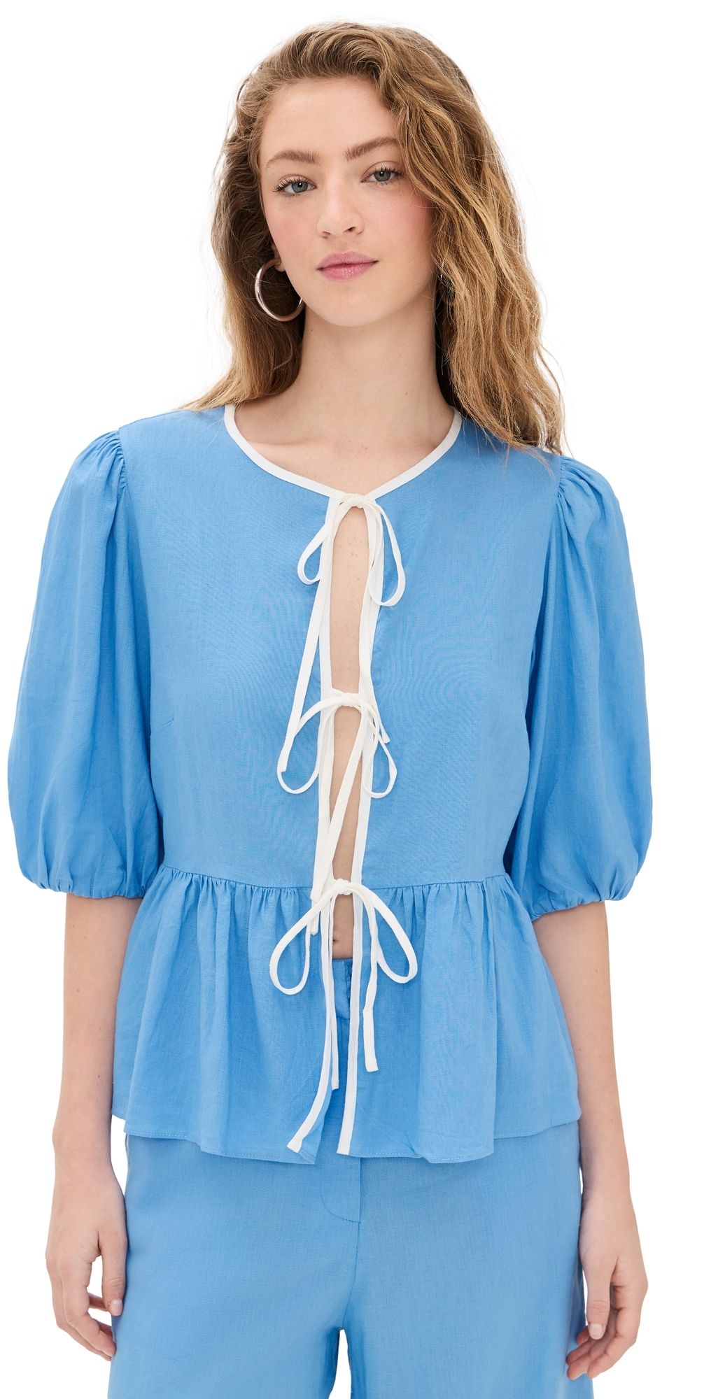 Dress To Tie Front Blouse Aura Blue/Offwht XL