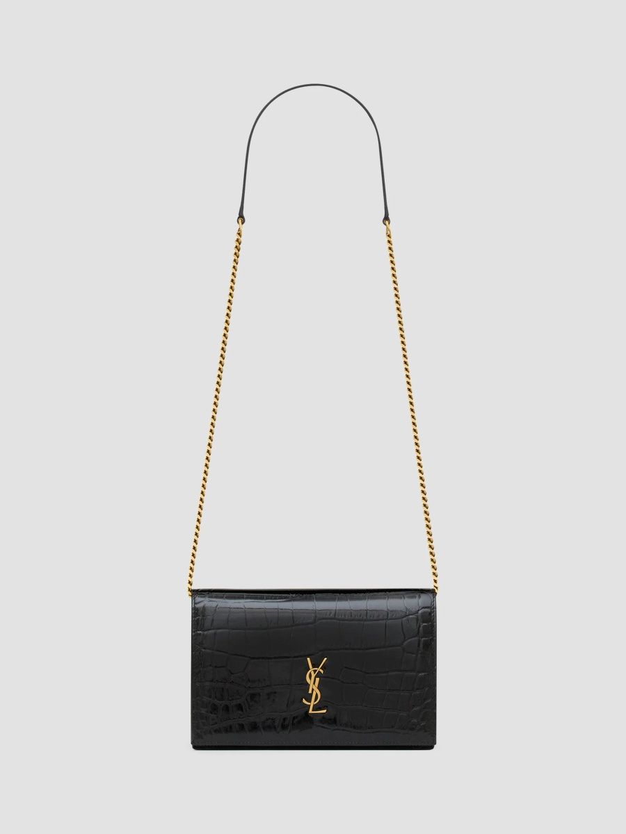 Saint Laurent Women's Cassandre Envelope Chain Wallet in Crocodile-Embossed Patent Leather - Black