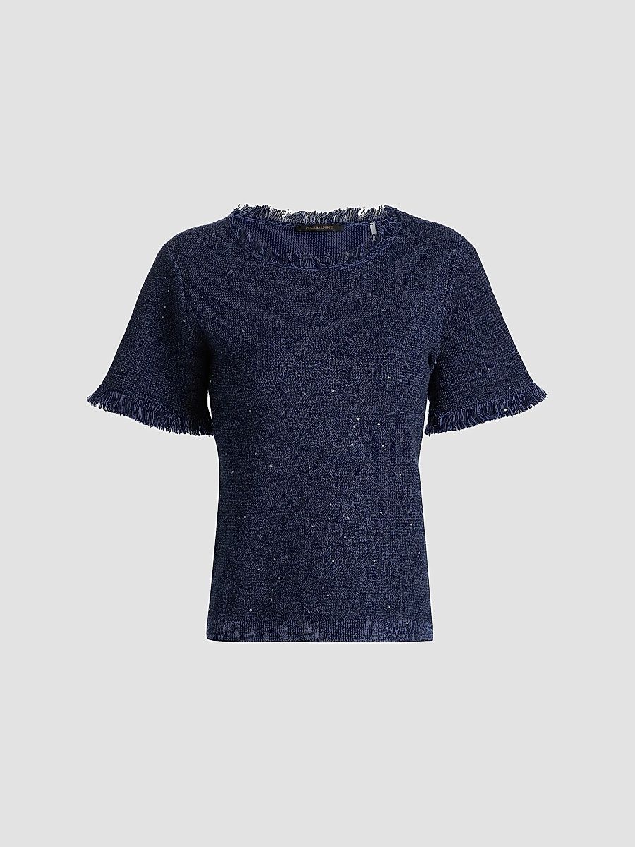 Kobi Halperin Women's Kate Fray-Trim Short-Sleeve Linen-Blend Sweater - Navy - Size XS