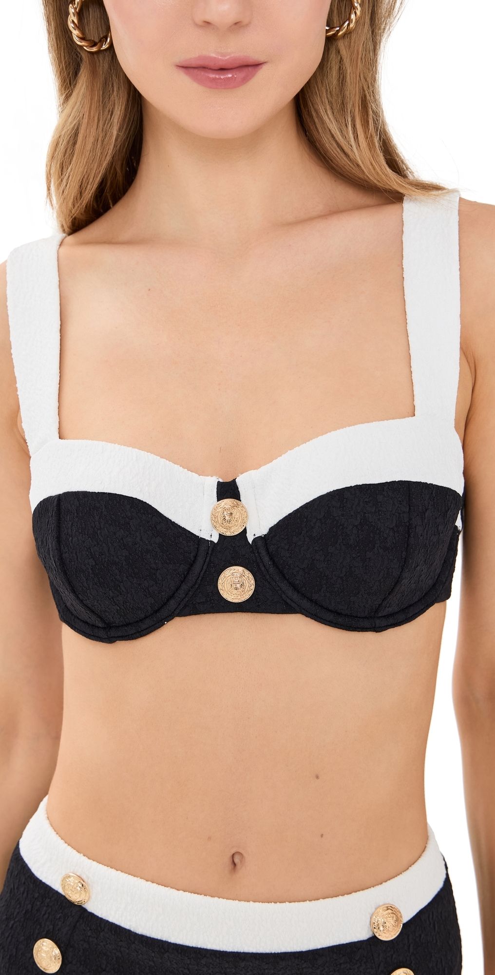 L'AGENCE Alexandria Colorblock Chic Structured Bra Top with Gold Buttons Black XL