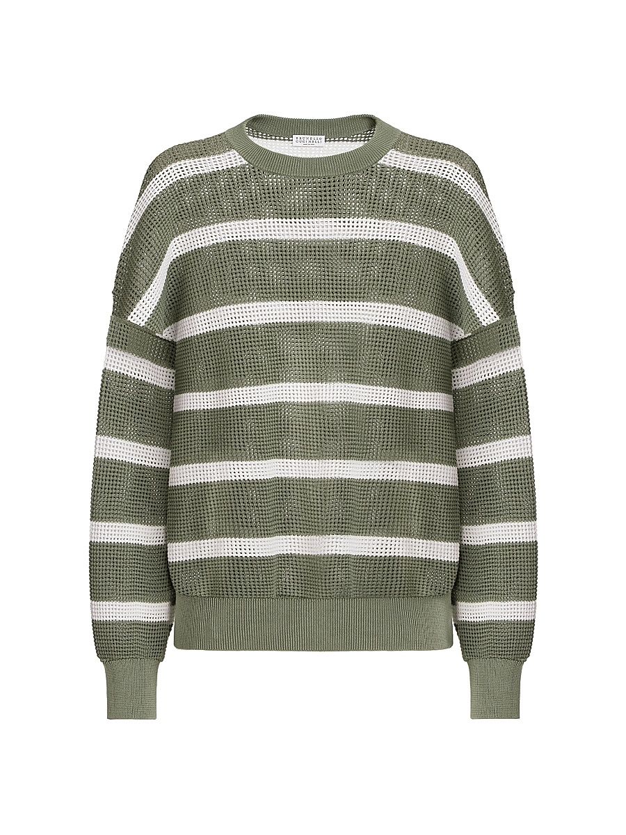 Women's Cotton Net Striped Sweater - Green - Size XXXL