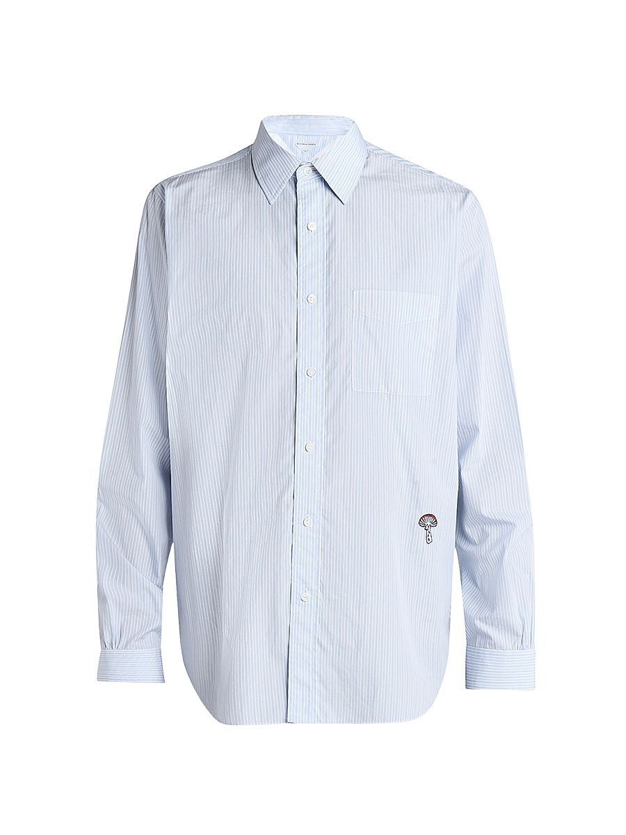 Men's Striped Cotton Poplin Button-Front Shirt - White Blue - Size 42