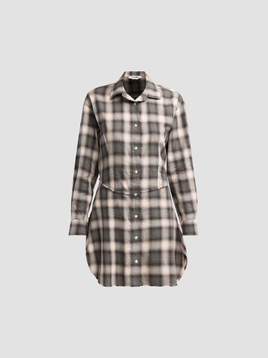 Re/done Women's Agnes Plaid Cotton Mini Dress - Dark Sage Plaid - Size Large