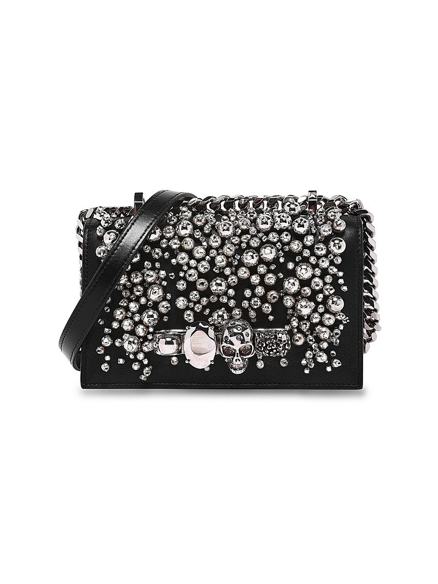 Women's Mini Jewelled Leather Satchel - Black Silver