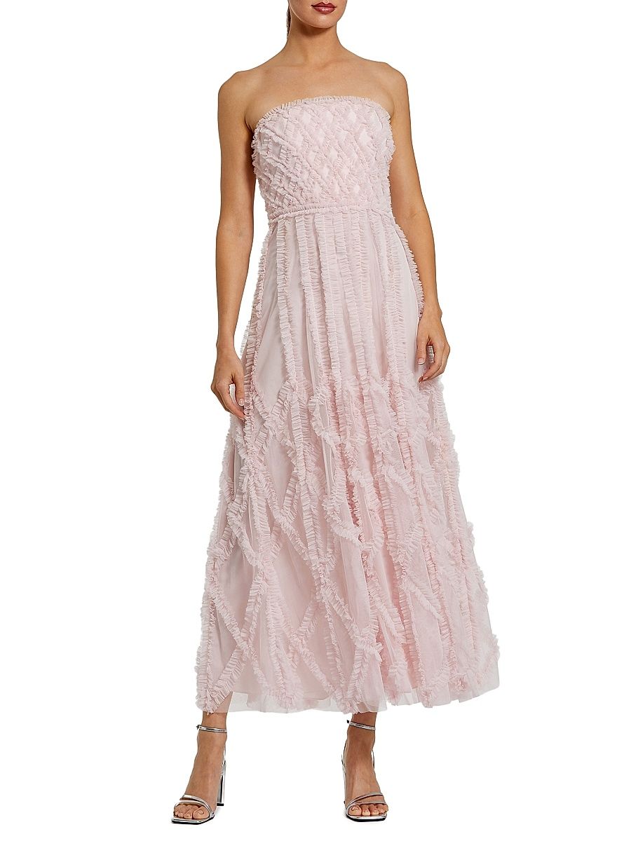 Women's Cocktail Ruffled Mesh Strapless Gown - Blush - Size 14