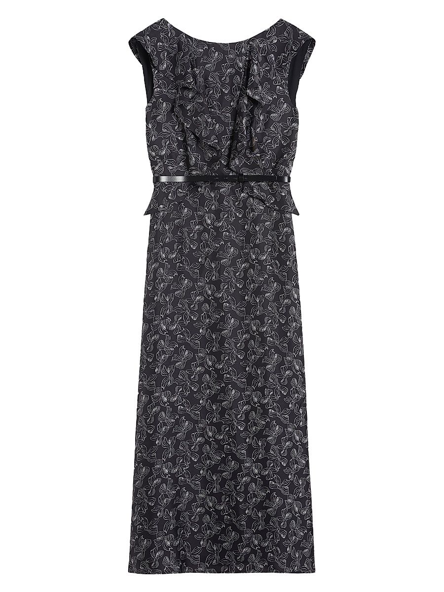 Women's Long Printed Silk Dress - Black White Print - Size 16