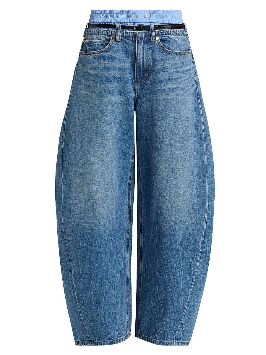 Women's Prestyled Mid-Rise Oversized Rounded Jeans - Vintage Marbled Blue - Size 29