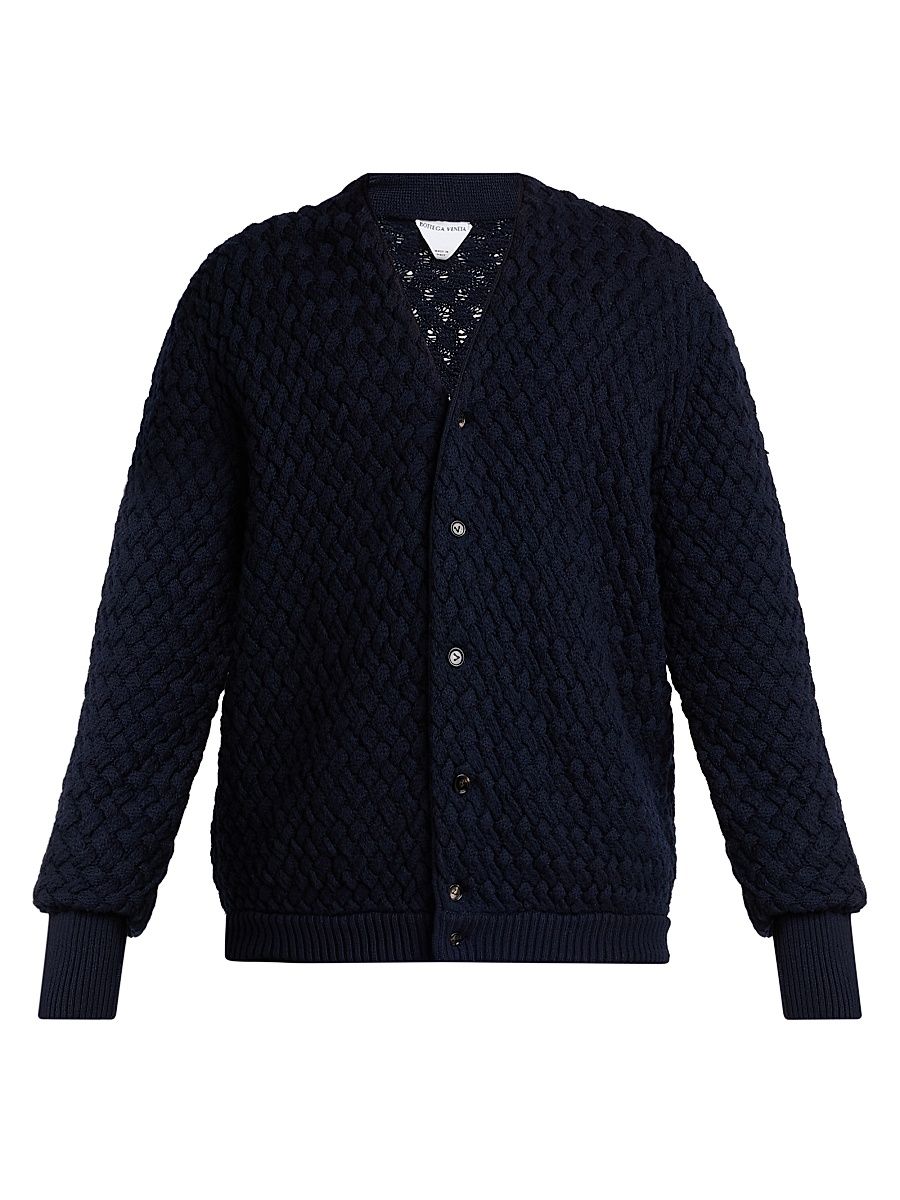 Men's Intrecciato Wool Cardigan - Midnight Blue - Size Medium