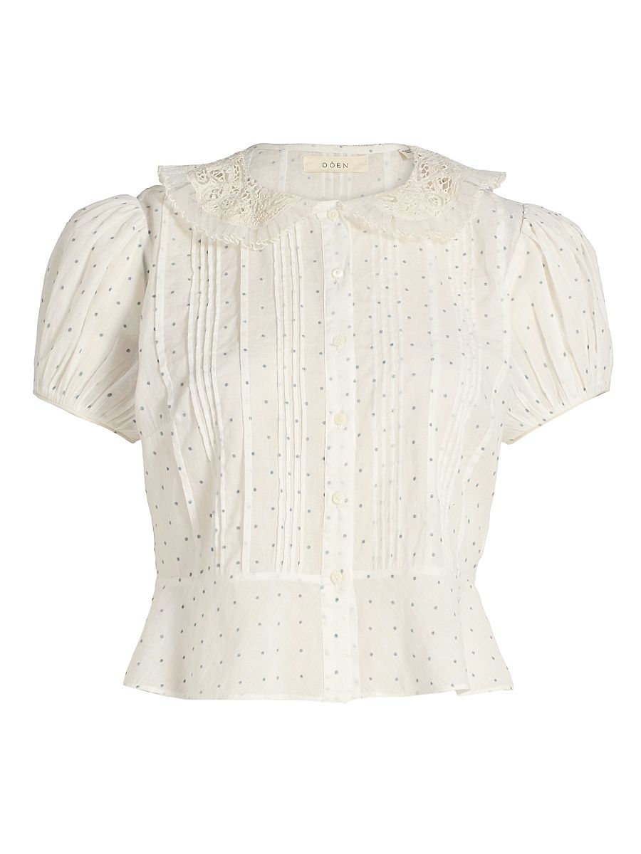 Women's Oleta Polka Dot Lace Collar Top - Salt Flock Dot - Size XS