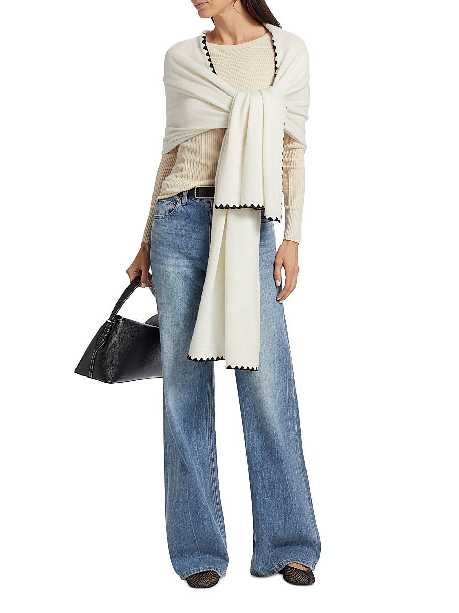 Women's Whipstitch-Trimmed Cashmere Scarf - White Black