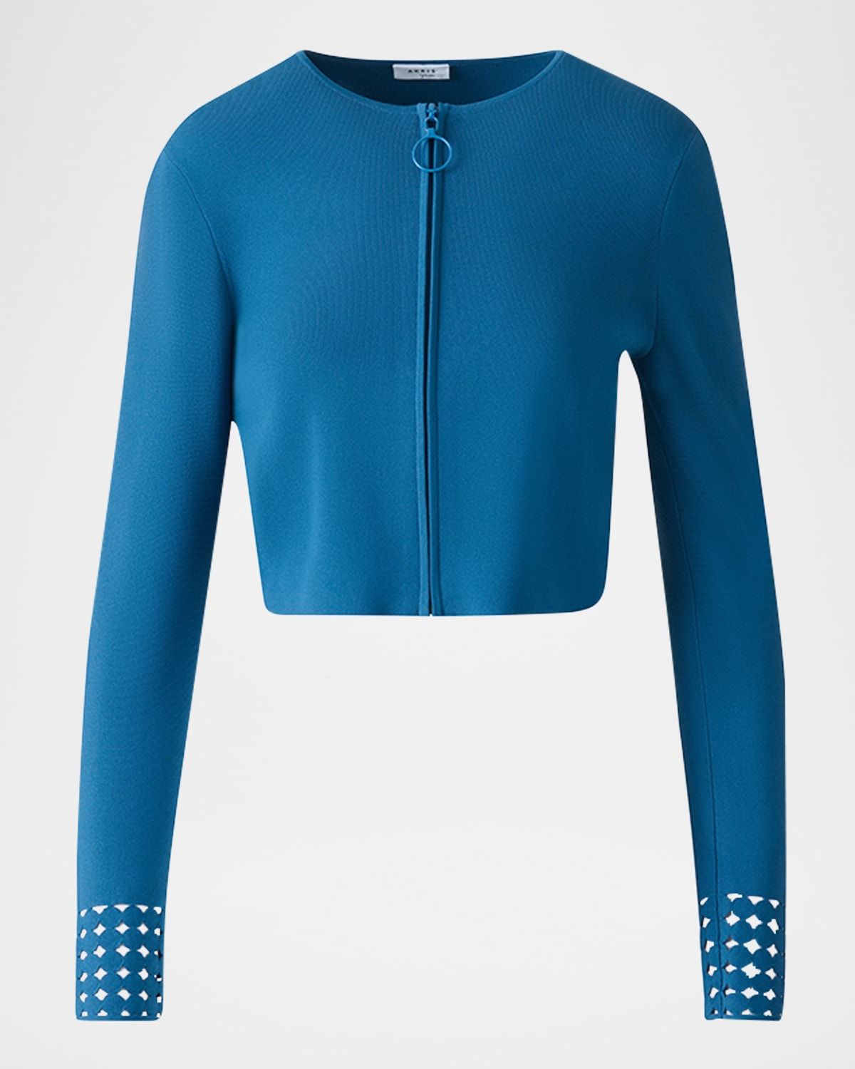 Dot Lace-Cuff Knit Crop Zip Cardigan