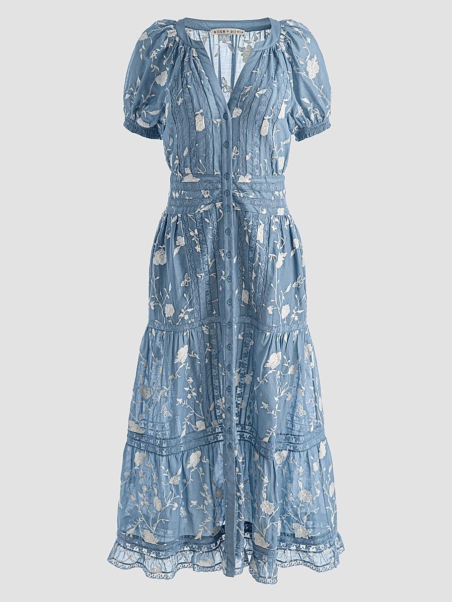 Women's Kathryn Lace-Trim Floral Midi Shirtdress - Deep Denim Blue Vanilla - Size XL