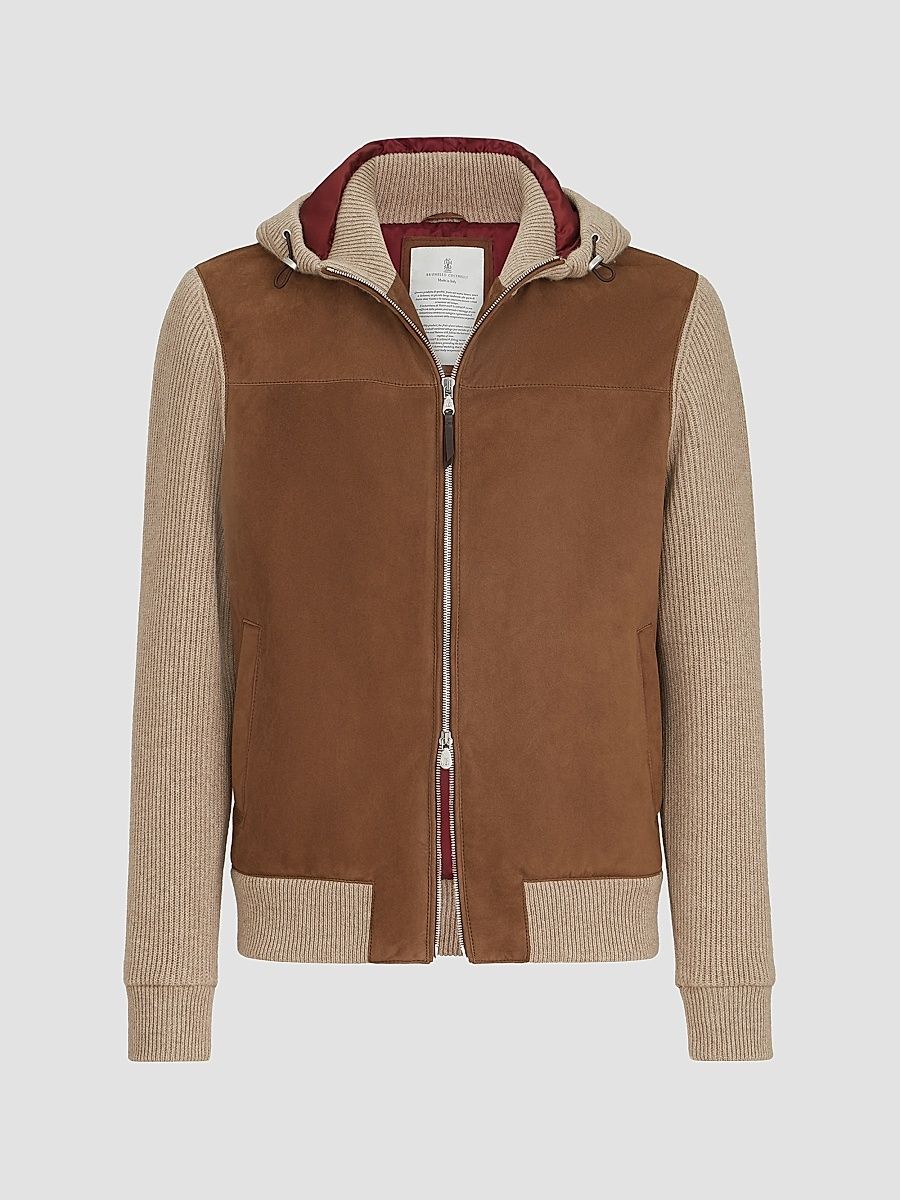 Men's Suede and Cashmere Knit Hooded Bomber Jacket - Brown - Size XXXL