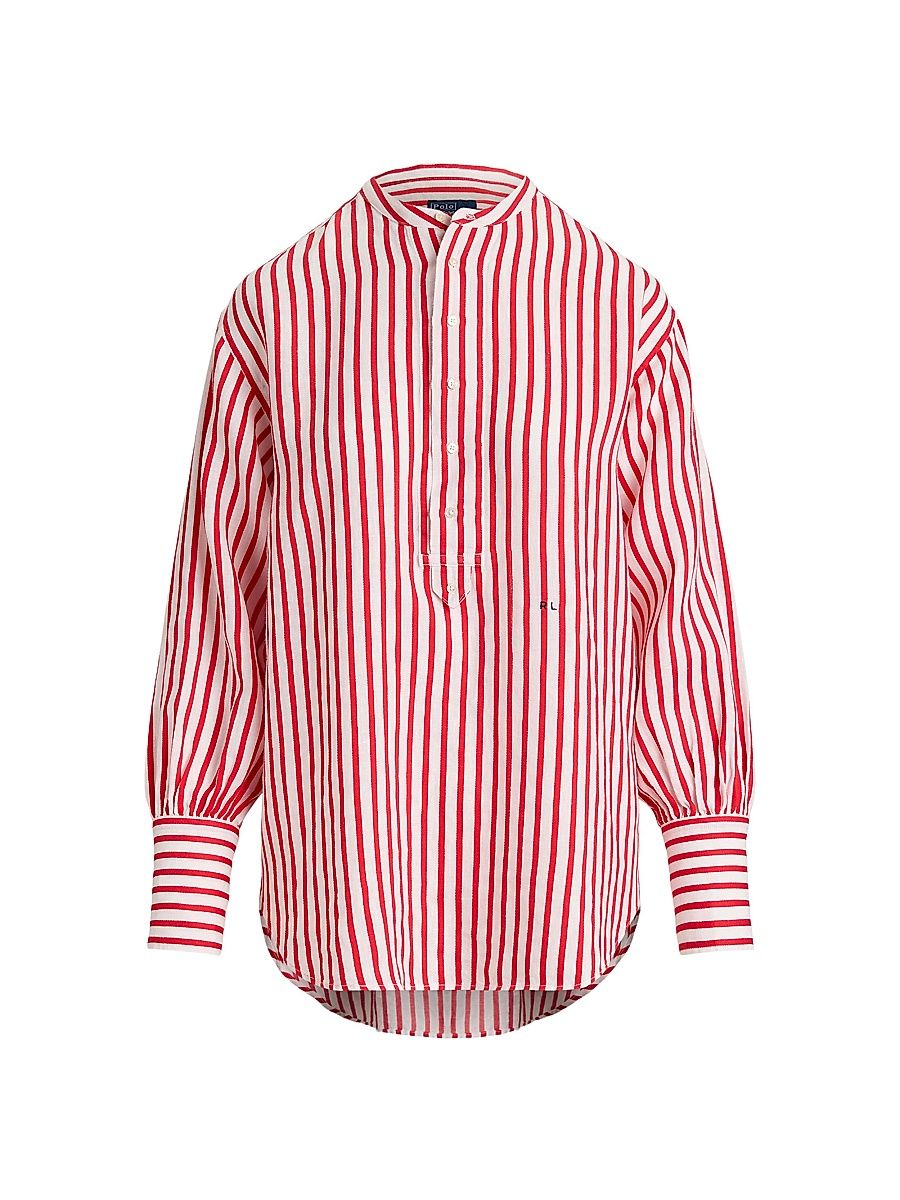 Women's Striped Linen-Cotton Shirt - White Red - Size 8