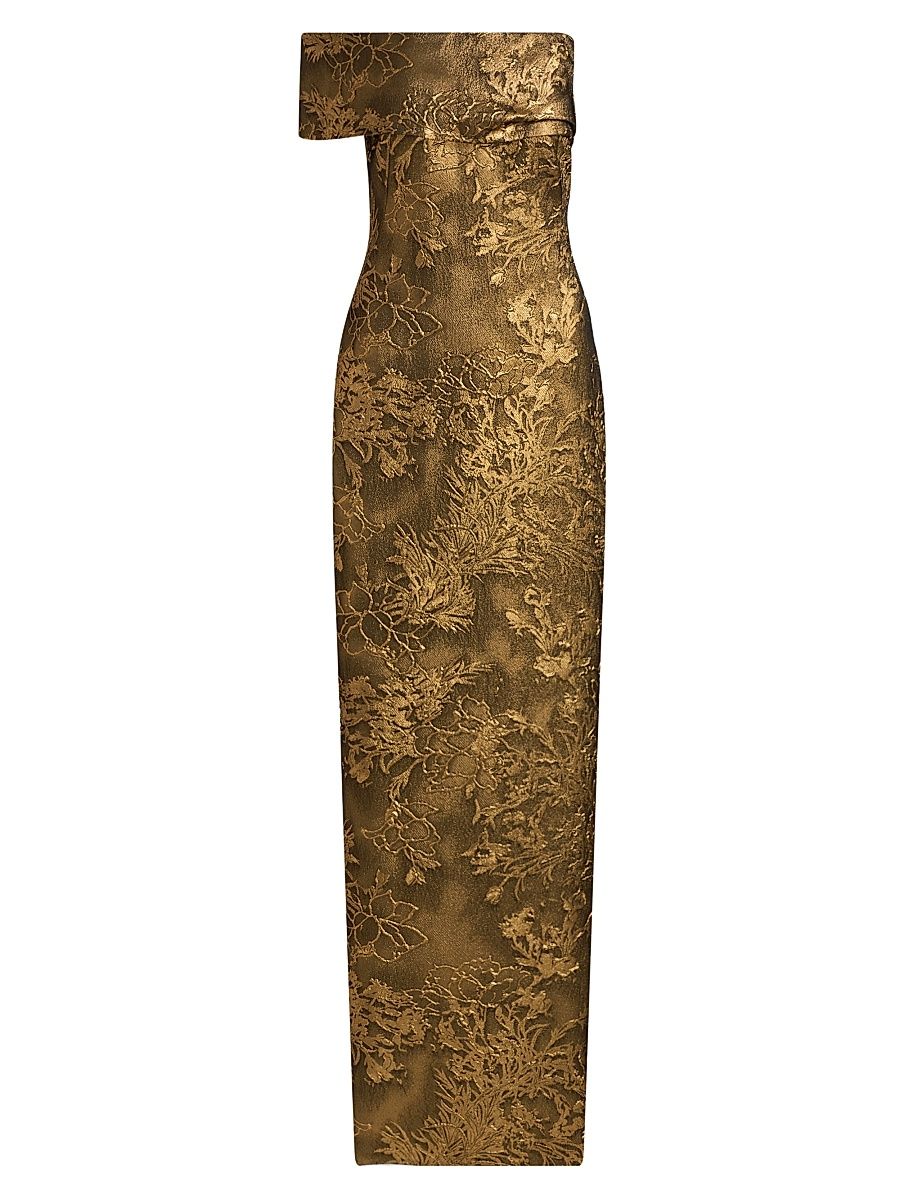 Women's Floral Brocade Asymmetric Column Gown - Antique Gold - Size 10