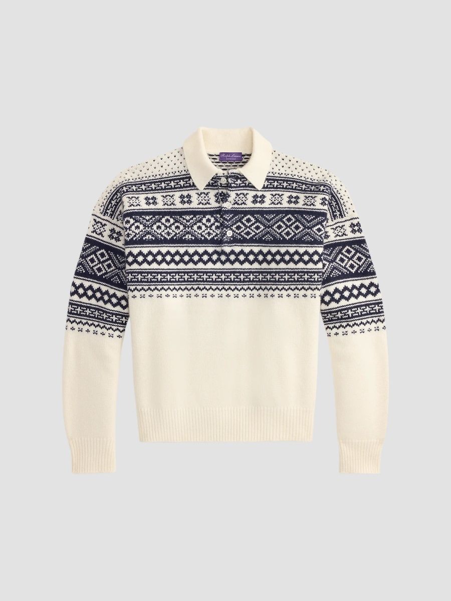 Ralph Lauren Purple Label Men's Patterned Cashmere Polo-Collar Sweater - Cream Navy - Size XXL