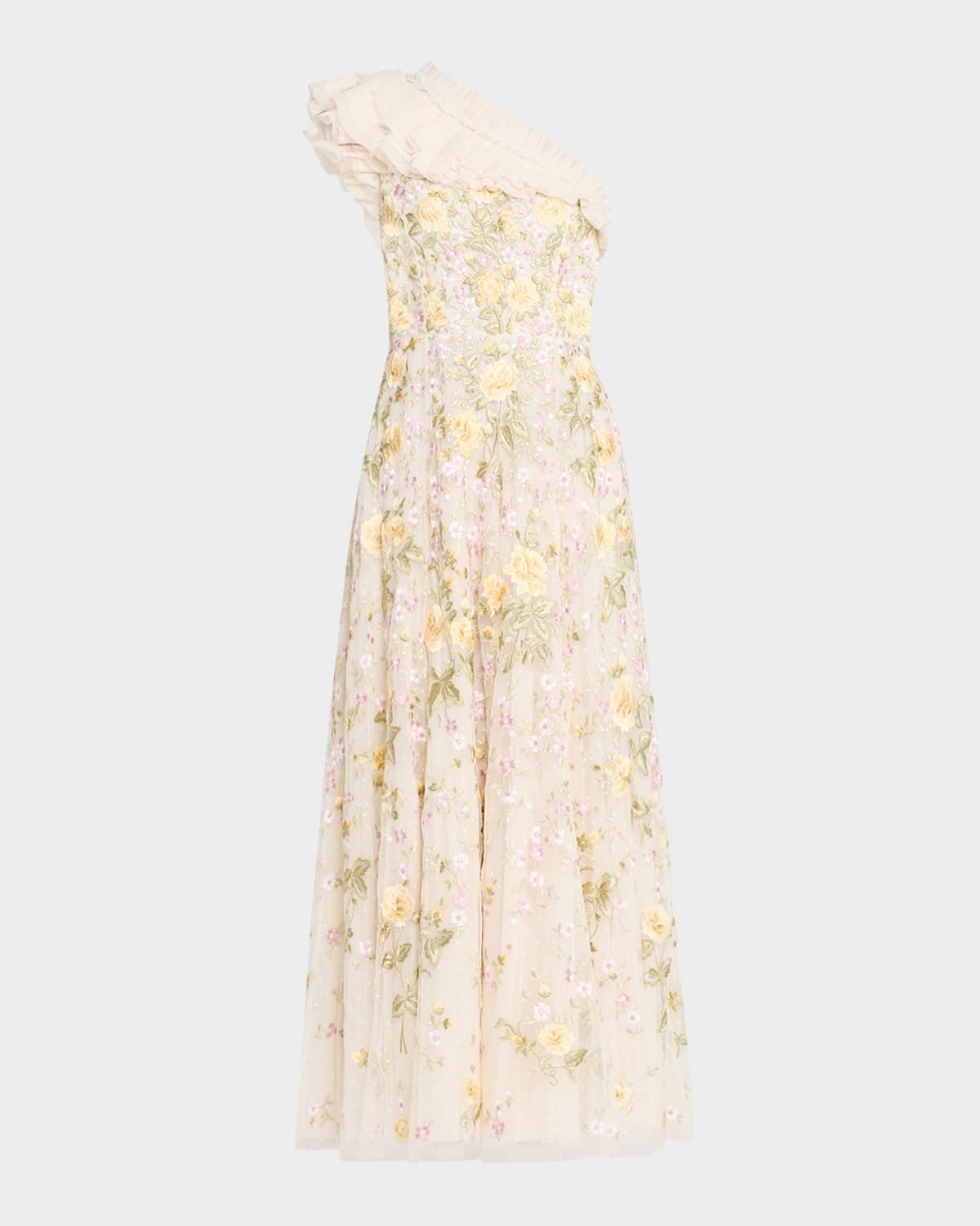Florine One-Shoulder Embroidered Tulle Gown