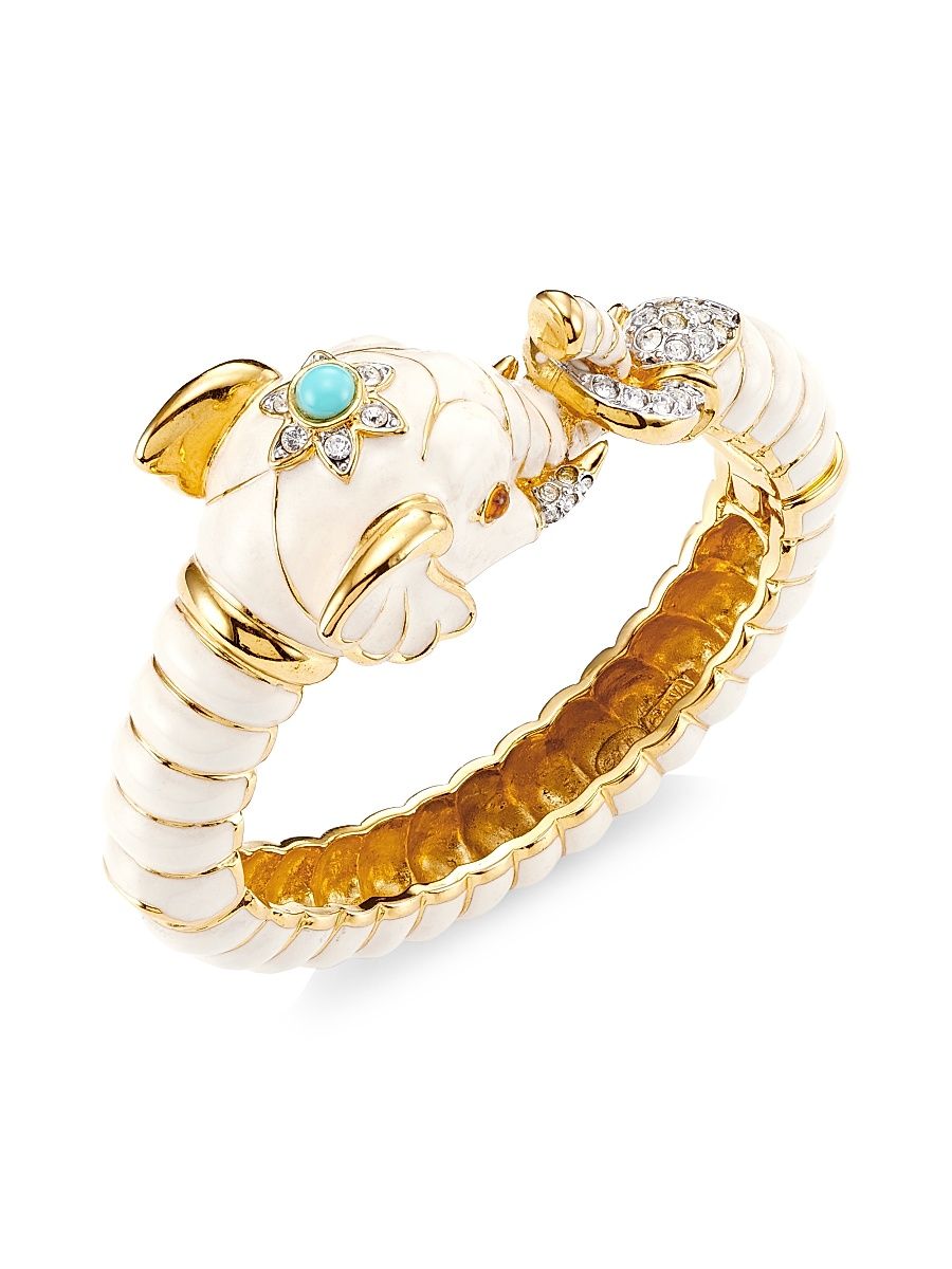 Women's Goldplated, White Enamel & Crystal Elephant Hinged Cuff Bracelet - White
