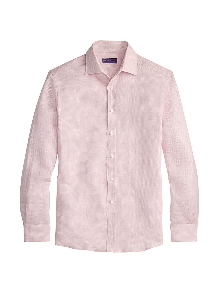 Men's Houndstooth Linen Button-Front Shirt - Soft Pink - Size Large