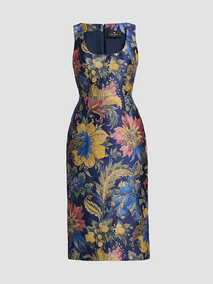 Women's Floral Cotton-Blend Sheath Midi Dress - Multicolor Blue Base - Size 14