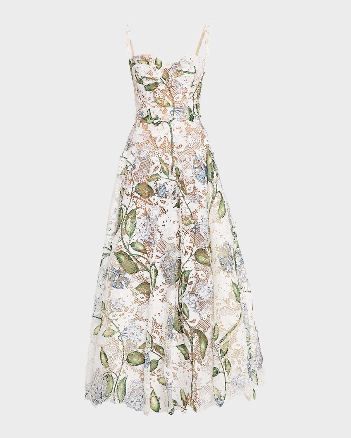 Sleeveless Porcelain Flowers-Print Lace Maxi Dress