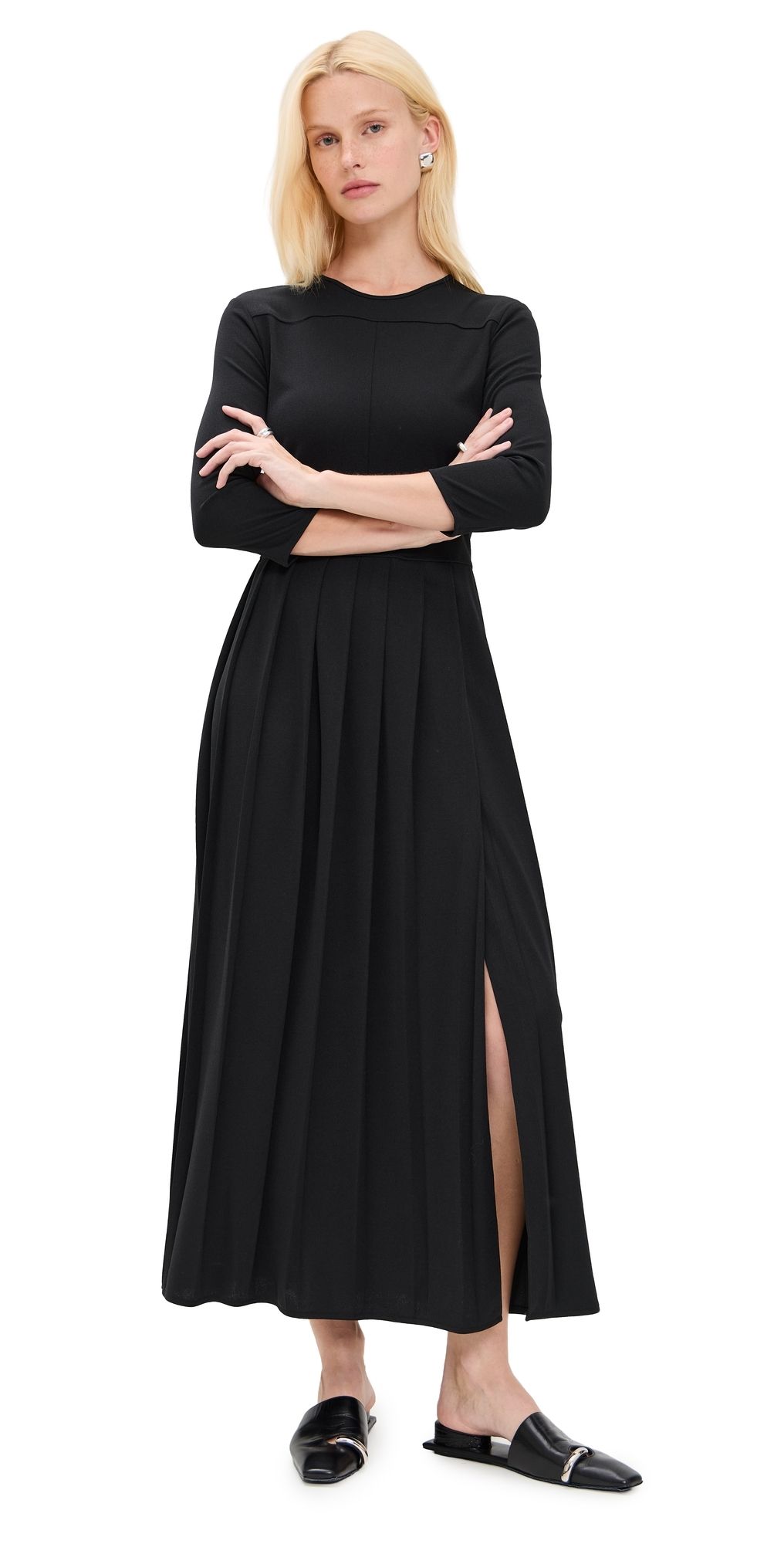 Theory Long Sleeve Pleat Midi Dress Black 4