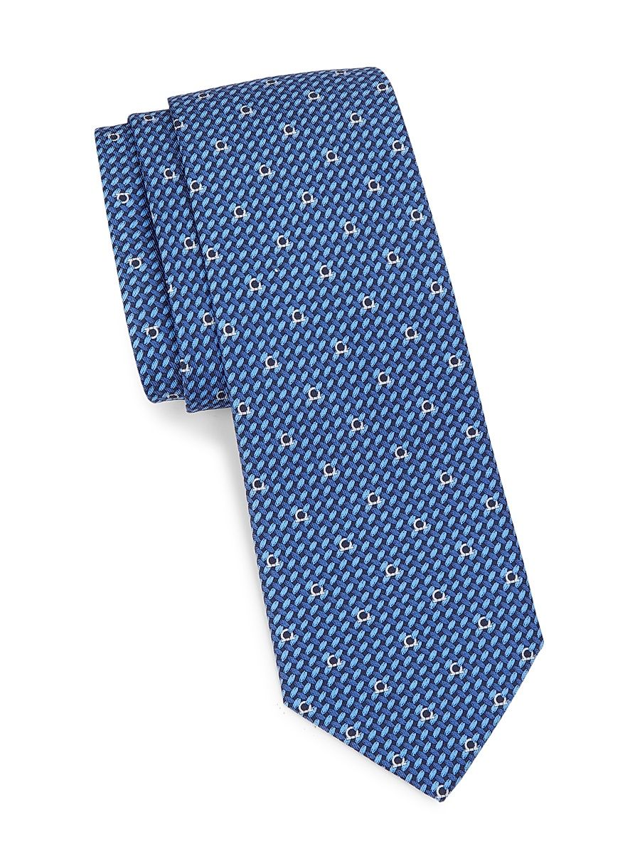 Men's Gancini Woven Pattern Silk Tie - Navy Blue