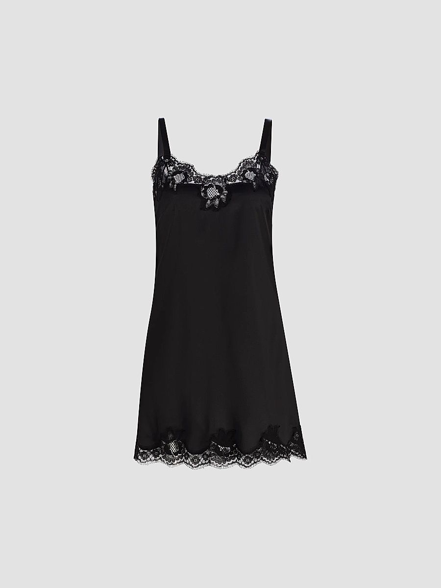 Dolce & Gabbana Women's Lace-Trimmed Silk Satin Nightgown - Nero - Size XL