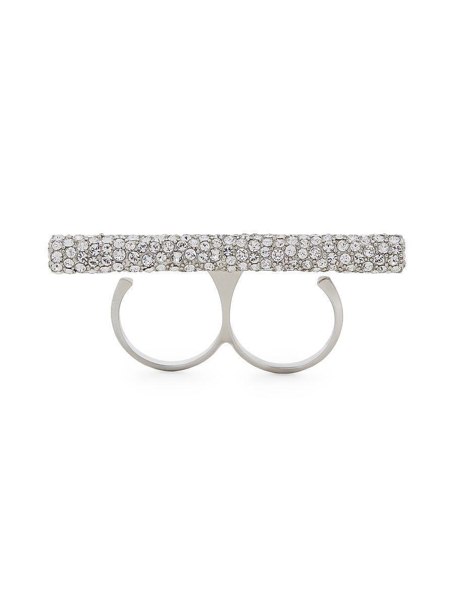 Women's Silvertone & Crystal Bar Double-Finger Ring - Crystal Silver - Size Medium