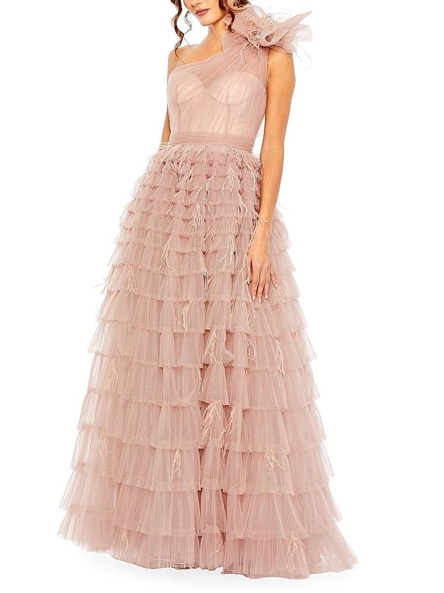 Women's One-Shoulder Feathered Tulle Gown - Dusty Rose - Size 18
