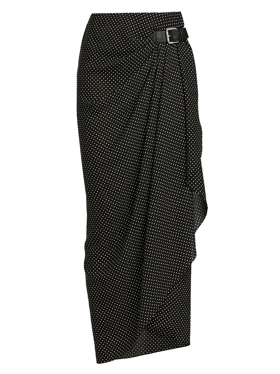 Women's Polka Dot Silk Wrap Midi-Skirt - Black Off White - Size 12