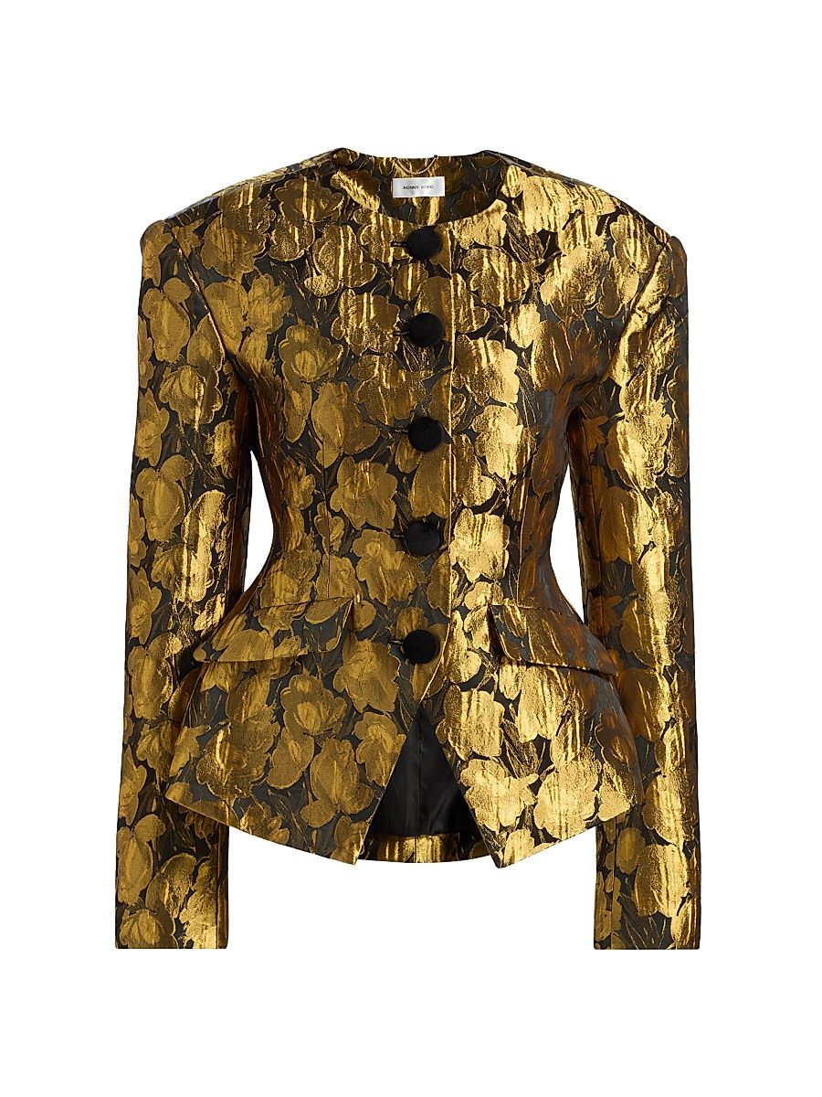 Women's Wanda Metallic Floral Brocade Blazer - Black Gold - Size Large