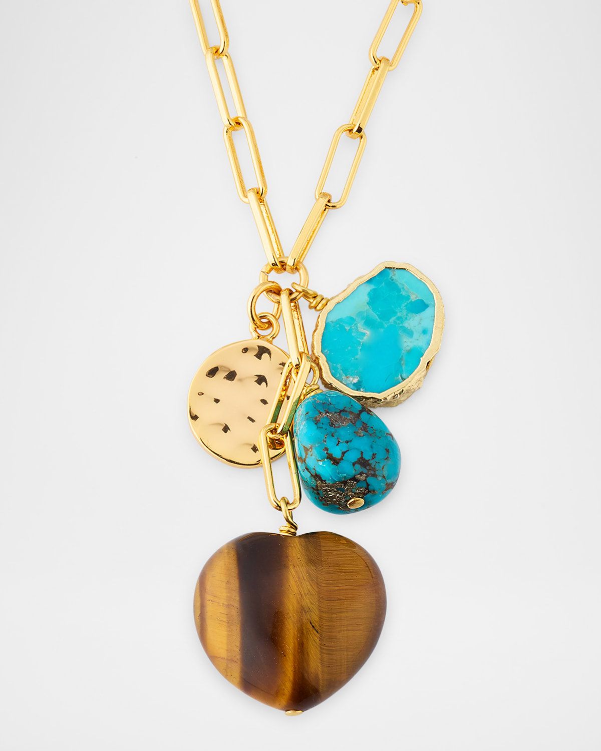 Tiger & apos;s Eye and Turquoise Heart Charm Necklace