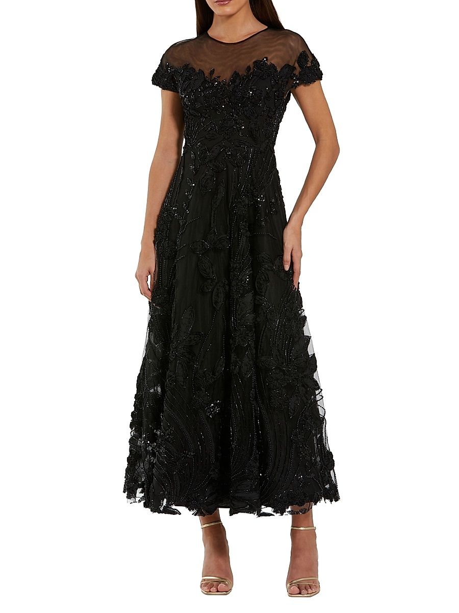 Women's Embellished Lace Illusion A-Line Midi-Dress - Black - Size 16