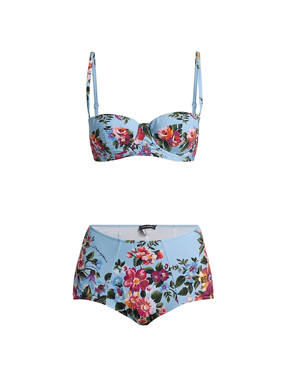 Women's Floral Bouquet Print Retro Bikini - Blue Floral - Size XL