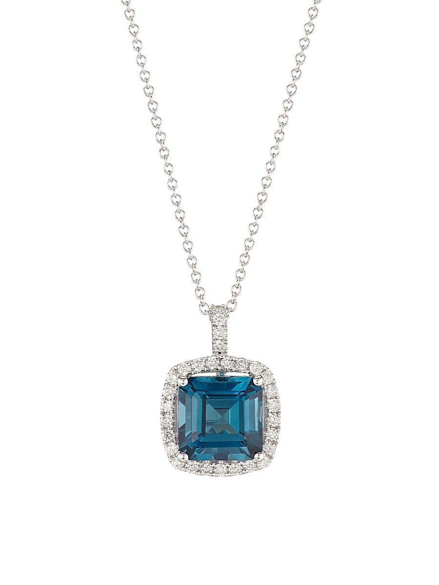Women's 14K White Gold, London Blue Topaz & 0.35 TCW Diamond Cushion Pendant Necklace - Blue Topaz