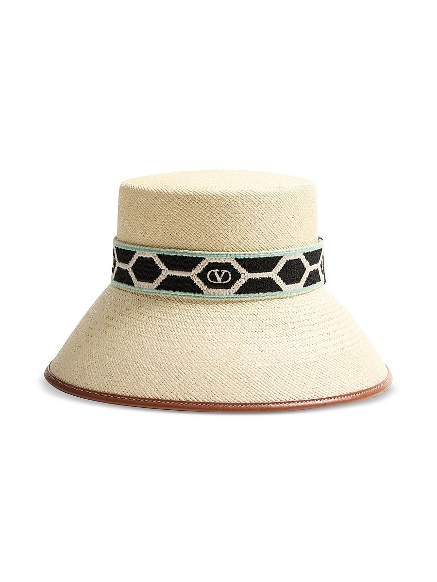 Women's Antibes Straw Bucket Hat with Leather Trim and Diamond - Natural Black - Size Small