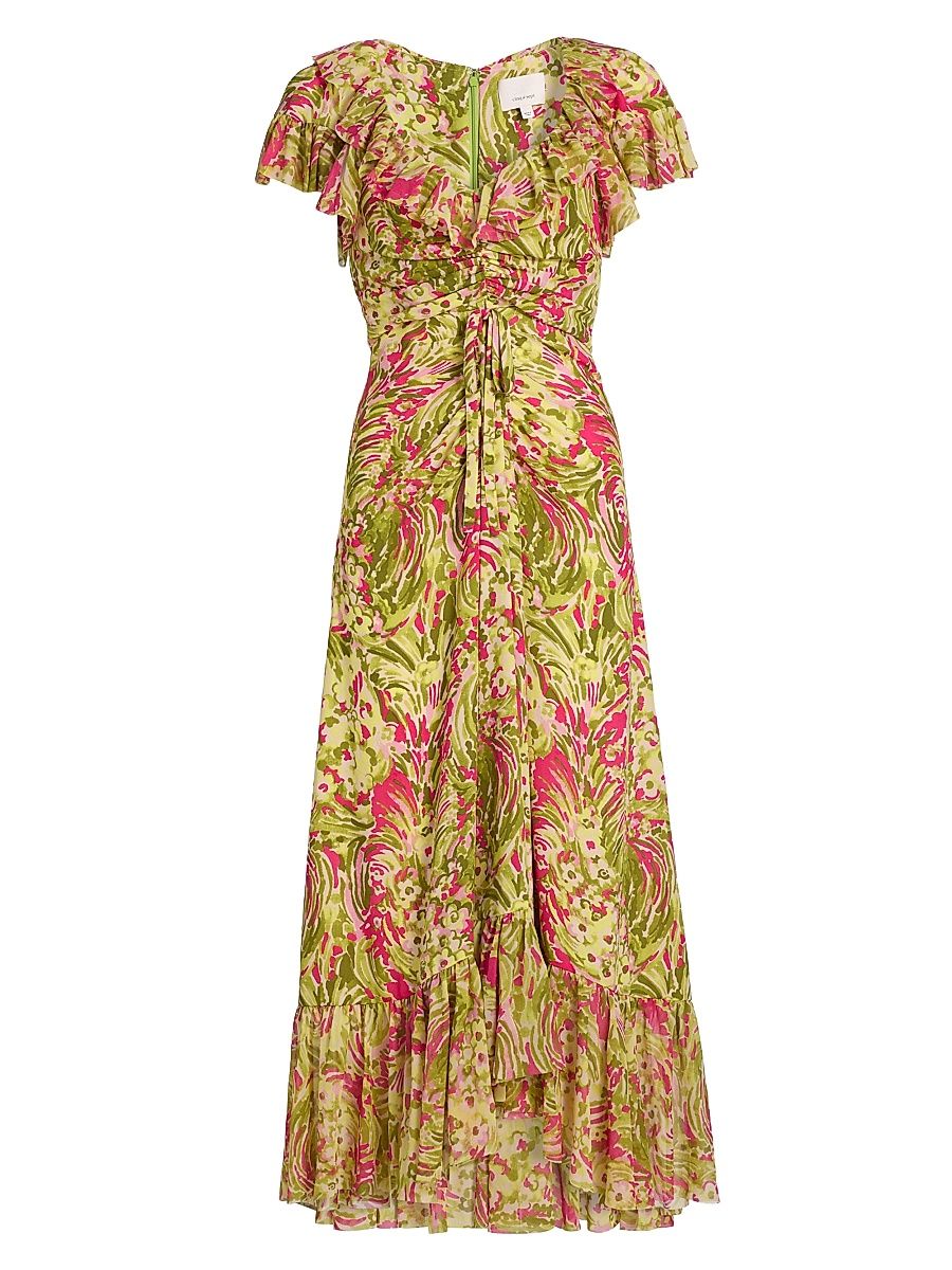 Women's Daisy Swirl Ivey Printed Ruffled V-Neck Midi-Dress - Pink Amethyst Multi - Size 14