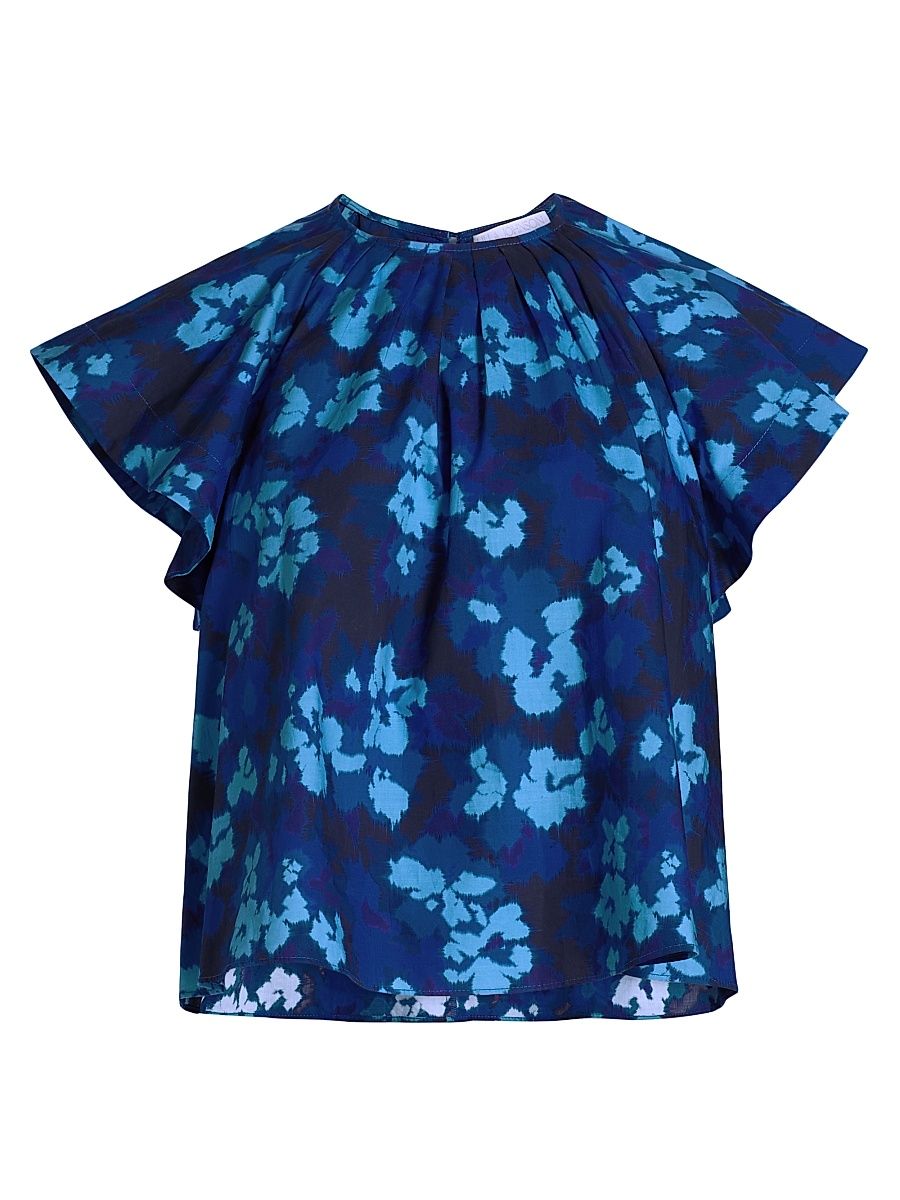 Women's Rumi Floral Cotton Poplin Short-Sleeve Blouse - Azure - Size 8