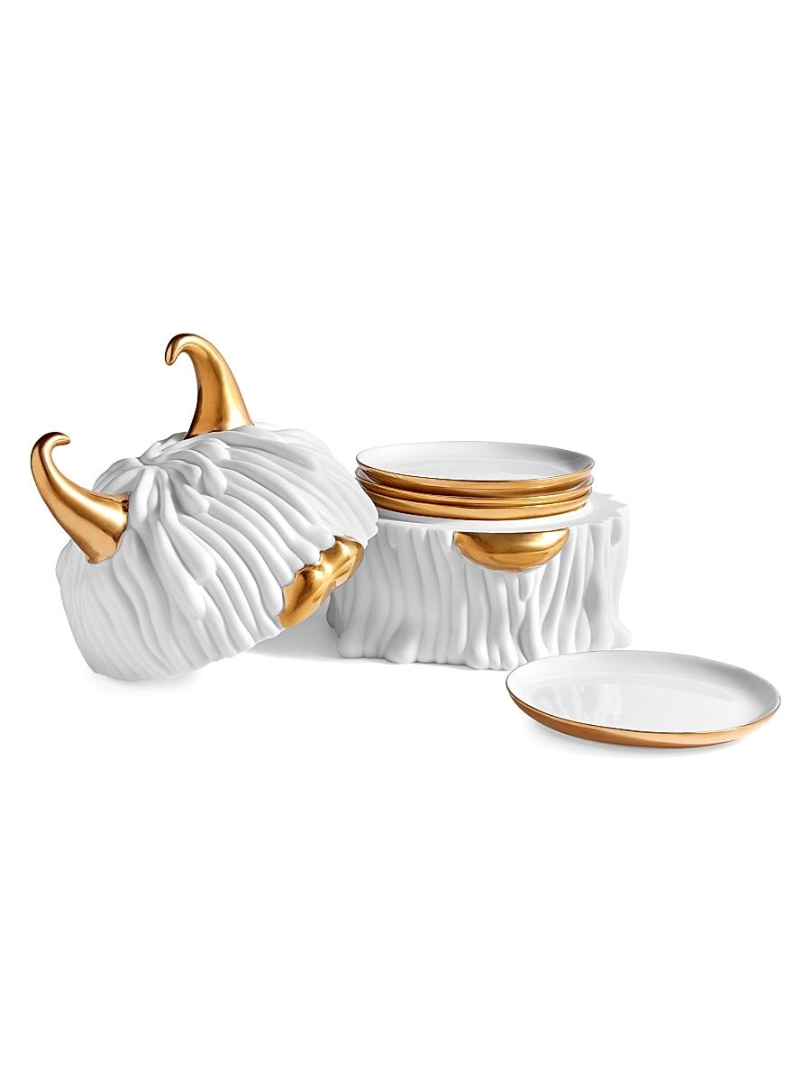 Haas 5-Piece Lynda 24K Gold & Porcelain Box & Plate Set - White