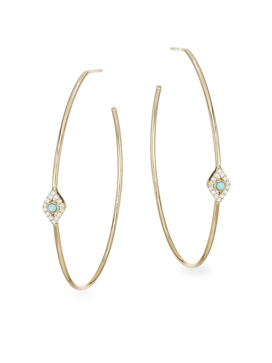Women's Turquoise Bezel Eye Hoops - Yellow Gold
