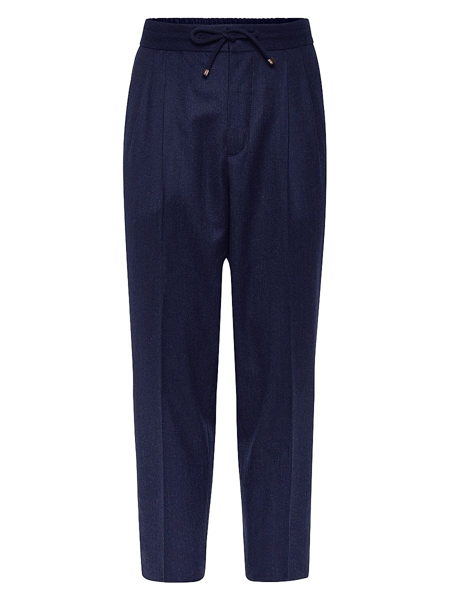 Men's Virgin Wool Flannel Leisure Fit Trousers with Drawstring - Marine Blue - Size 48