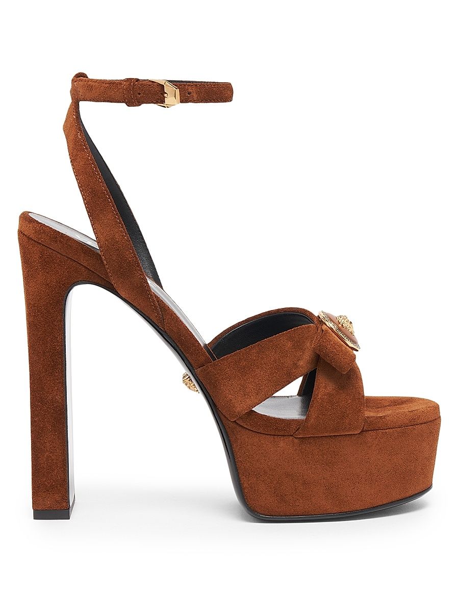 Women's Gianna 140MM Suede Platform Sandals - Spice Brown Versace Gold - Size 10.5