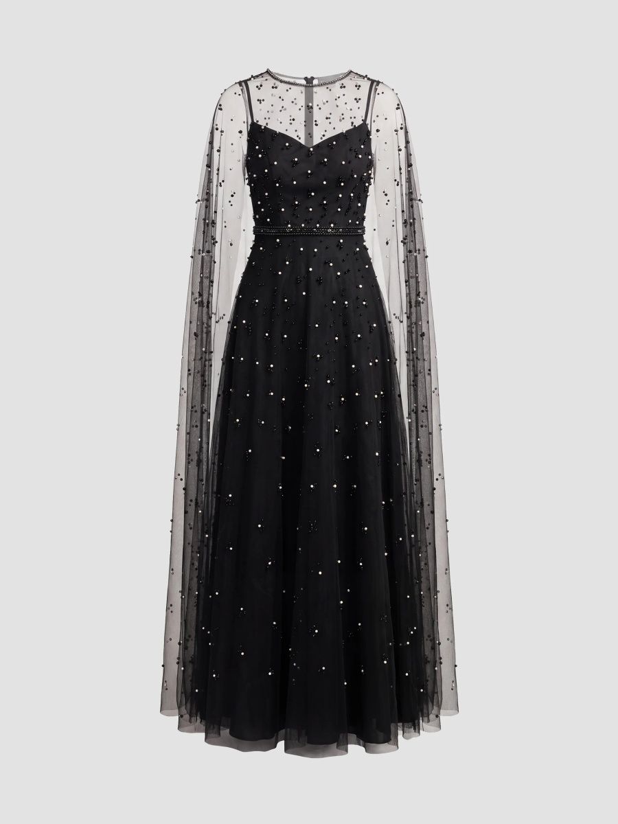 Mac Duggal Women's Pearl-Embellished Tulle Cape Gown - Black Ivory - Size 20