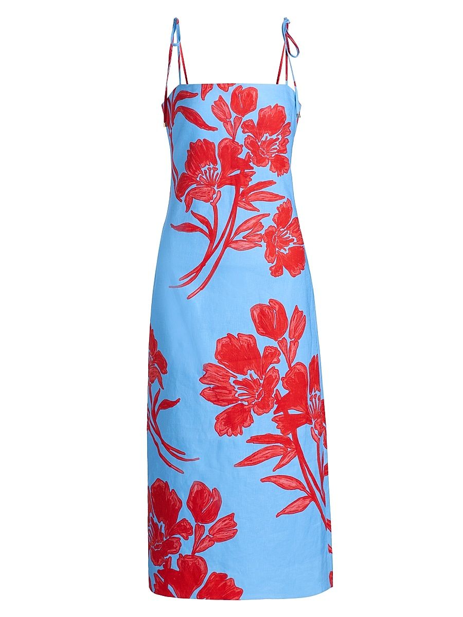 Women's Chelsea Floral Linen Midi-Dress - Flora Shadow Sky - Size 00