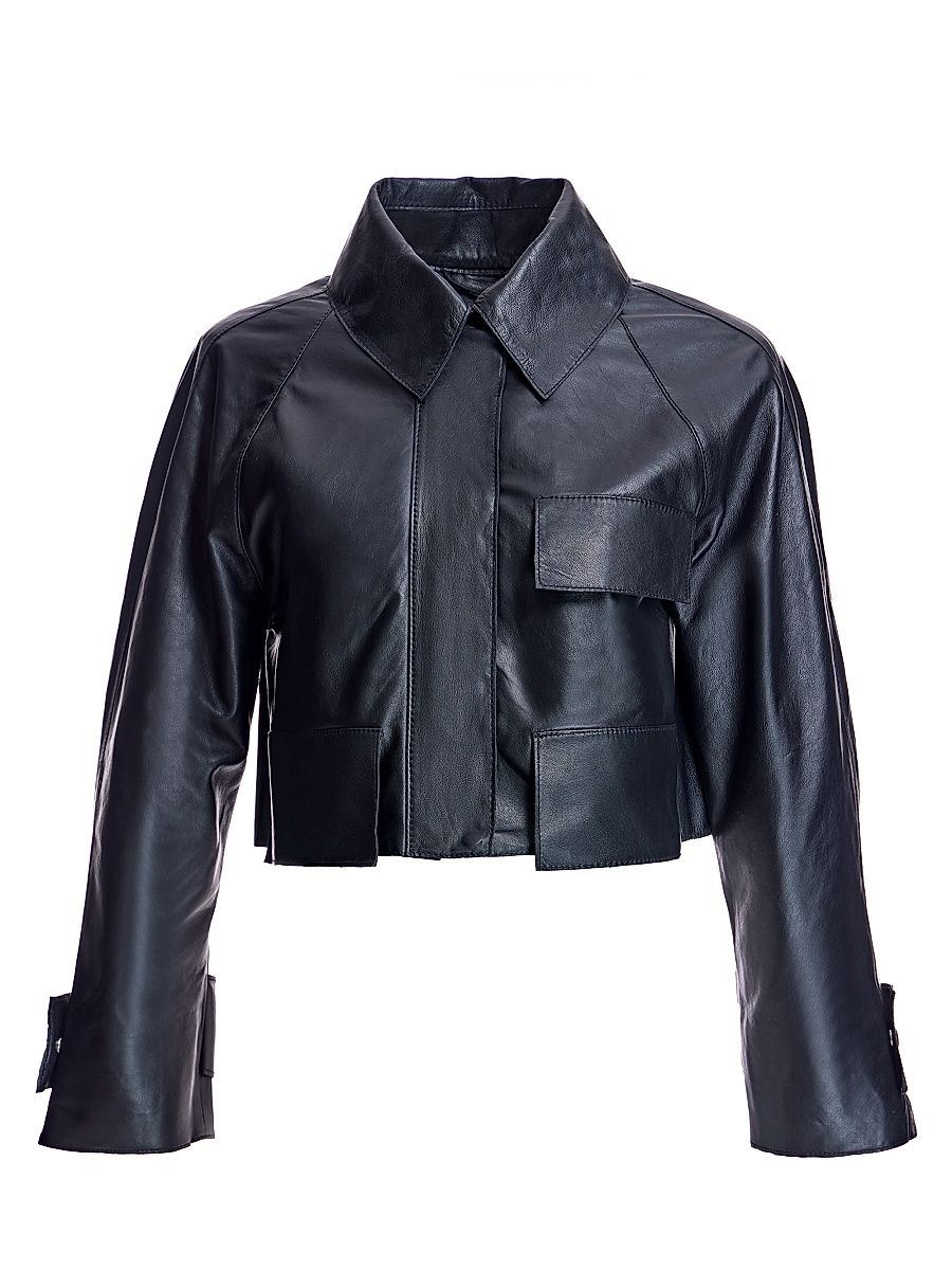 Women's Cropped Leather Shirt Jacket - Black - Size Large